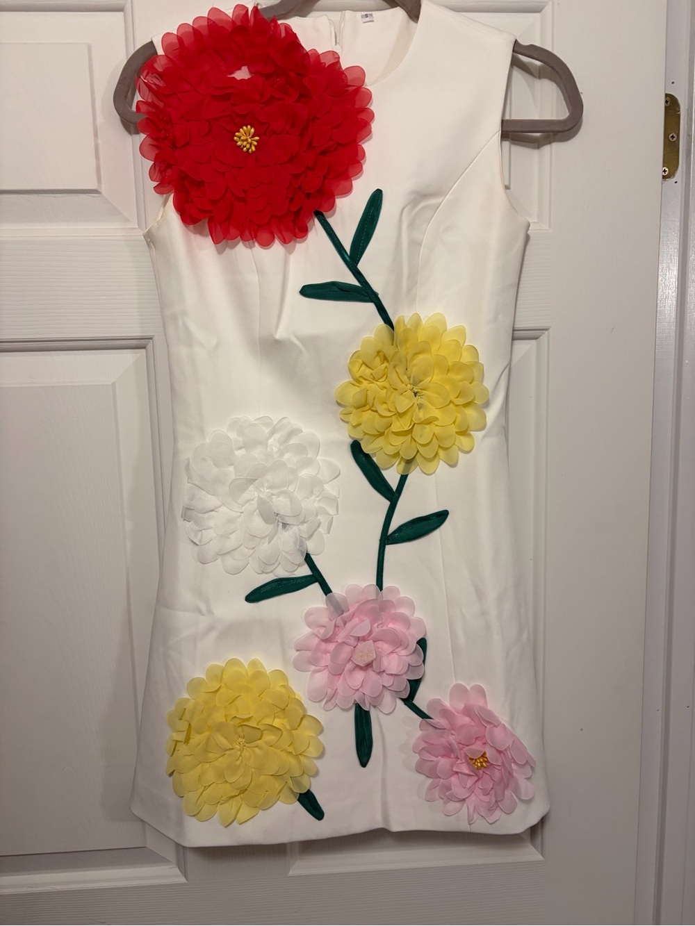 3D White Floral Appliqué Dress with Multicolor Flowers